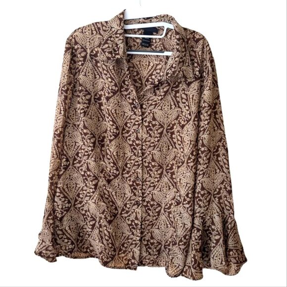 Lane Bryant Brown Paisley Bell Sleeve Button Down Boho Top Plus Size 18/20 - Picture 1 of 6